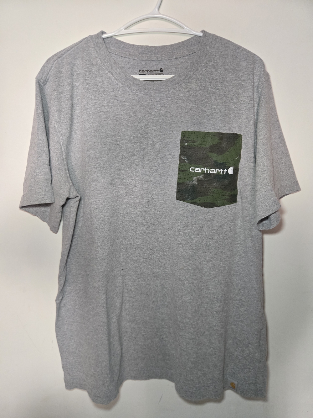 Carhartt Gray Short-Sleeve Tee with Green Camo Pocket